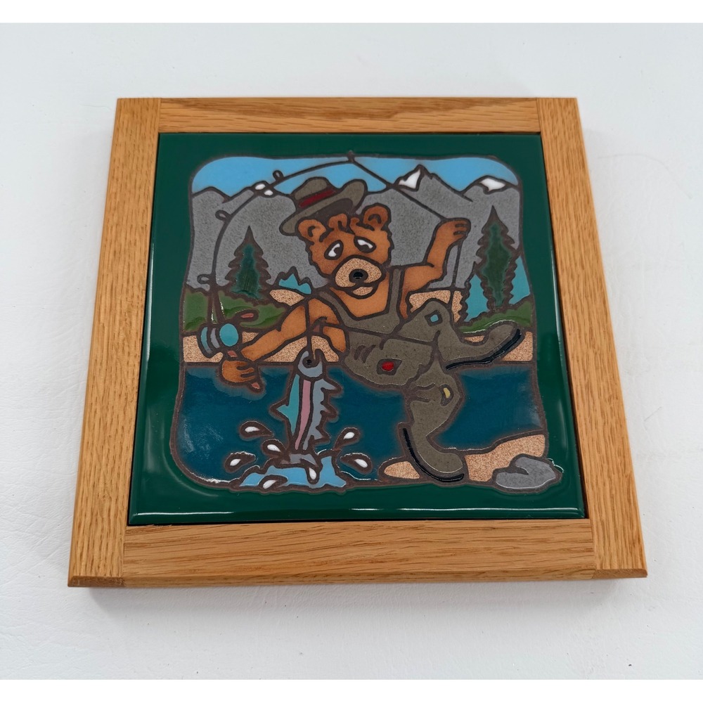 Masterworks Ceramic Tile Trivet Green Fishing Bear Framed Folk Art Cabin Decor